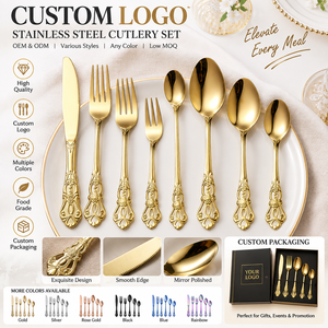 Ensemble de couverts en acier inoxydable de style baroque avec logo personnalisé, miroir, gravé, lavable au lave-vaisselle, couteau, fourchette, cuillère pour hôtels - Product Image 1
