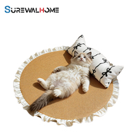 SUREWALHOME Lit pour animaux de compagnie de luxe en bambou rafraîchissant, lit pour chat en tissu glacé avec oreiller de tête, lit délicat pour animaux de compagnie avec bordure en dentelle