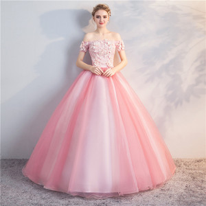 Pink Off The Shoulder Ball Gown Chiffon Long Dress Floral Print For Women Evening Party Performance Art Exam - Product Image 2