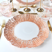 Assiettes de présentation en verre transparent Gold Coral de 13 pouces avec bord floral pour la décoration de centre de table de mariage, banquet ou fête