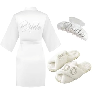 Juego de Regalo de Lujo para <span class=keywords><strong>Novia</strong></span> de 3 Piezas, <span class=keywords><strong>Bata</strong></span> de Satén + Pantuflas de Felpa + Pinza para el Cabello para Boda o Despedida de Soltera - Product Image 1