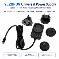 Chargeur PD pour dispositifs médicaux 5V 3A/9V 2.22A/12V 1.66A/15V 1.33A 20W, type interchangeable avec UL/CE/UKCA/SAA