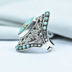 Handmade Turquoise Sterling Silver <b>Adjustable</b> <b>Ring</b> Natural Gemstone Jewelry for Women Wholesale - Product Image 3