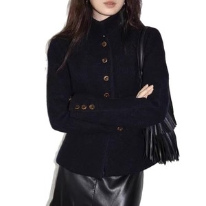 <span class=keywords><strong>Manteau</strong></span> en laine coréen élégant à col roulé boutonné, coupe courte et ajustée, taille haute, pour le printemps, idéal pour les petites tailles - Product Image 5