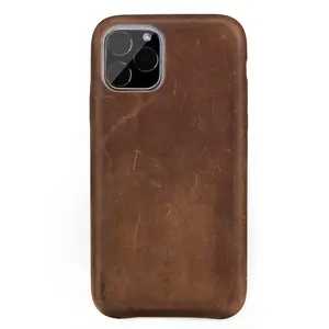 Guangzhou top grain luxury retro crazy horse leather oil waxed genuine leather ultra-thin back cover phone case for iPhone 11pro