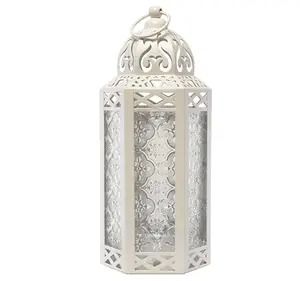 Blanco marroquí venta al por mayor decorativo personalizado linterna de oro decorativo de Metal linterna de Camping para la decoración del hogar