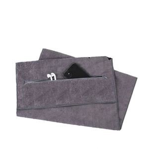 Serviette de sport en microfibre à capuche de haute qualité pour l'exercice, couleur unie, tricotée, avec poche zippée, sans logo - Product Image 2