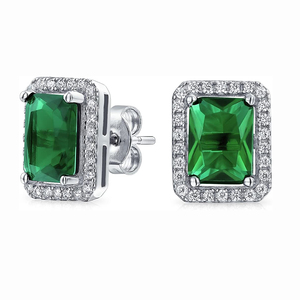 925 Sterling Silver <strong>Gold</strong> Plating <strong>Emerald</strong> Cut <strong>Emerald</strong> Stud <strong>Earrings</strong> Halo Gemstones Luxury Stud <strong>Earrings</strong> - Product Image 3