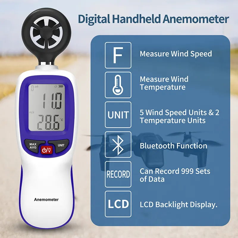 डिजिटल हवा की गति माप तापमान परीक्षक हाथ में Anemometer एलसीडी डिस्प्ले हवा का प्रवाह गति पवन मीटर