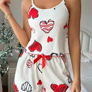 Customize 2pcs Sleepwear Ribbed Cherry and Strawberry Print Nightwear Summer Soft Pajama <strong>Set</strong> Women's Sleepwear Women Sexy Pajama - Product Image 5
