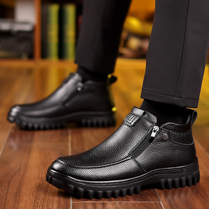 Bottes à lacets pour hommes en cuir véritable, bout rond, doublure en fourrure, semelle en caoutchouc, chaudes pour l'hiver, antidérapantes, bottes de neige pour l'extérieur - Product Image 4