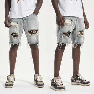 Custom Ripped Men Denim Shorts Hot Supplier Vintage Acid Wash Streetwear Jean Shorts Distressed Hip Hop Loose Shorts TKAN835 - Product Image 1