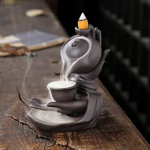 セラミック滝香バーナー仏ハンドセンサーホルダー屋内煙逆流香噴水仏教祭壇テーブルの装飾