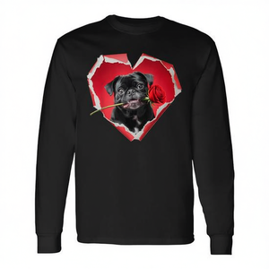 T-shirt unisexe à manches longues col rond avec impression numérique motif Pug Rose Cœur de Chien Saint-Valentin pour adultes, cadeaux de mariage et de fête nuptiale - Product Image 2