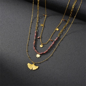 Triple Layer Clavicle Chain Necklaces Stainless Steel Rice Bead Ginkgo Leaf Natural Stone Jewelry Tags Pendant <b>Choker</b> Necklace - Product Image 4