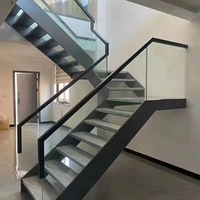 Escalier droit moderne d'intérieur avec marches en bois et acier carbone, garde-corps en verre, main courante en fer, taille personnalisée, pour salon