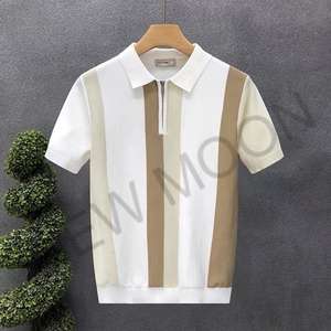 Customized Men's Slim Fit Polo Shirt Breathable Knitted Striped Short Sleeve Top Button Lapel <b>Yarn</b>-dyed Casual Top - Product Image 4