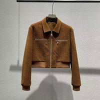 Manteau en daim et cuir de mouton de couleur unie personnalisé, veste en cuir tissée à la main de luxe pour femmes