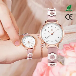 SHENGKE बिंदु तराजू दौर डायल के साथ शीर्ष ब्रांड लक्जरी घड़ियों K9019 गुलाबी चमड़े कलाई महिलाओं क्वार्ट्ज घड़ी