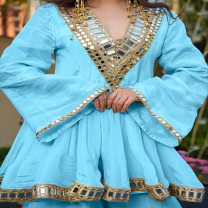 Light Blue Chinon <b>Shawl</b> Mirror Work Traditional Indian Pakistani Women's Wear <b>Wedding</b> Engagement Spring Summer Breathable - Product Image 4