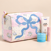 Pochette de maquillage matelassée avec nœud brodé personnalisé, motif floral, grande capacité, fermeture éclair, sac de toilette portable pour femmes