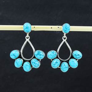 อัญมณีเทอร์ควอยซ์หรูหราดีไซน์ดอกไม้ทำด้วยมือต่างหูเงินสเตอร์ลิง925เครื่องประดับผู้หญิง - Product Image 1