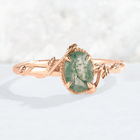 Bague en argent pur 925 plaqué or 14 carats avec pierre semi-précieuse naturelle, agate mousse ovale 6*8mm, motif feuille