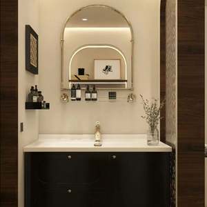 Meuble de salle de bain en bois noir rétro de style rotimance français, lavabo simple/double, meuble-lavabo avec miroir intelligent - Product Image 5