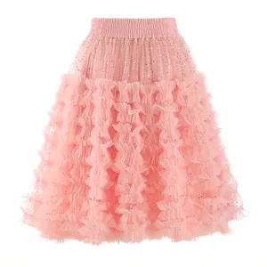 Summer Little Girl Clothes Children Butterfly Lace Birthday Wear Princess Skirts Solid Sequined Layered Tulle Skirt