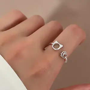 Anillos de dedo índice de diamantes de imitación de gatito hueco de estilo coreano para niñas Animal lindo en forma de corazón anillo de apertura de garra de gato joyería