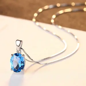 Colar de pingente feminino, prata esterlina 925, pedra única, formato oval, céu, azul, topaz, diamante