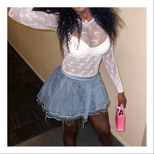กระโปรงผ้ายีนส์สำหรับผู้หญิงกระโปรงสั้นย้อนยุคสุดเซ็กซี่สำหรับฤดูร้อนกระโปรงยีนส์ขนาดเล็กมีพู่สีจาง100% - Product Image 3