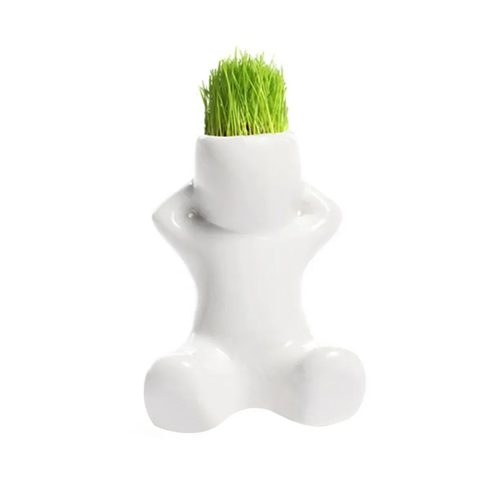 Mini tête de bonsaï 15 cm d'herbe, Pot de plantes en céramique blanche, Pot d'herbe en forme de poupée d'arbre