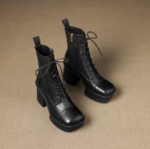 Botas de cuero versátiles, cómodas y a la moda, con plataforma y cordones, de piel de vaca lavada a capas. - Product Image 2