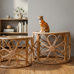 Rattan <b>Round</b> Coffee <b>Table</b> Set with Daisy Pattern Nesting Design for Living Room Home Furniture - Product Image 1