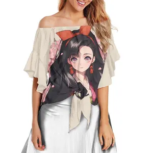 독특한 디자인 인쇄 아름다운 애니메이션 소녀 패턴 여성의 반소매 탑 느슨한 왼쪽 어깨 스팽글 크로스 스트랩 여성 탑