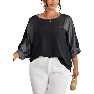 Blusa de Talla Grande para Mujer FOXA, Manga 3/4, Cuello Redondo, Satén de Seda, Manga Murciélago, Diseño Empalmado, Elegante, Casual, para Salir - Product Image 1
