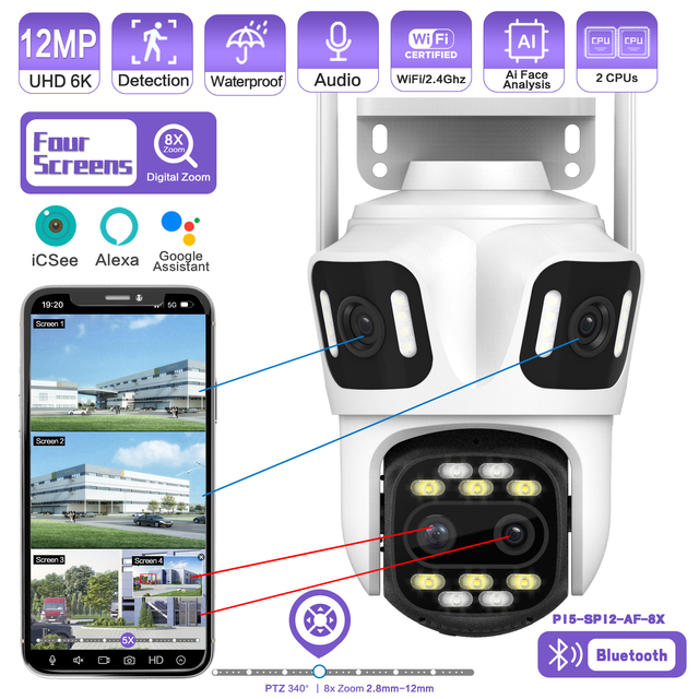 Outdoor WiFi 9MP Three Lens PTZ Security Camera with Auto Tracking CMOS Sensor IP66 Waterproof Two-Way Audio Night Vision H.265