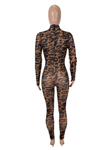 2026 Women Leopard Print <strong>Mesh</strong> Jumpsuit, Turtleneck Full Sleeve See Through Club Workout <strong>Catsuit</strong> - Product Image 5