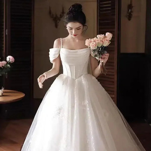 White Off Shoulder Wedding Dress Sweetheart Neckline Empire Waistline Polyester Evening <b>Gown</b> For Petite <b>Brides</b> - Product Image 4