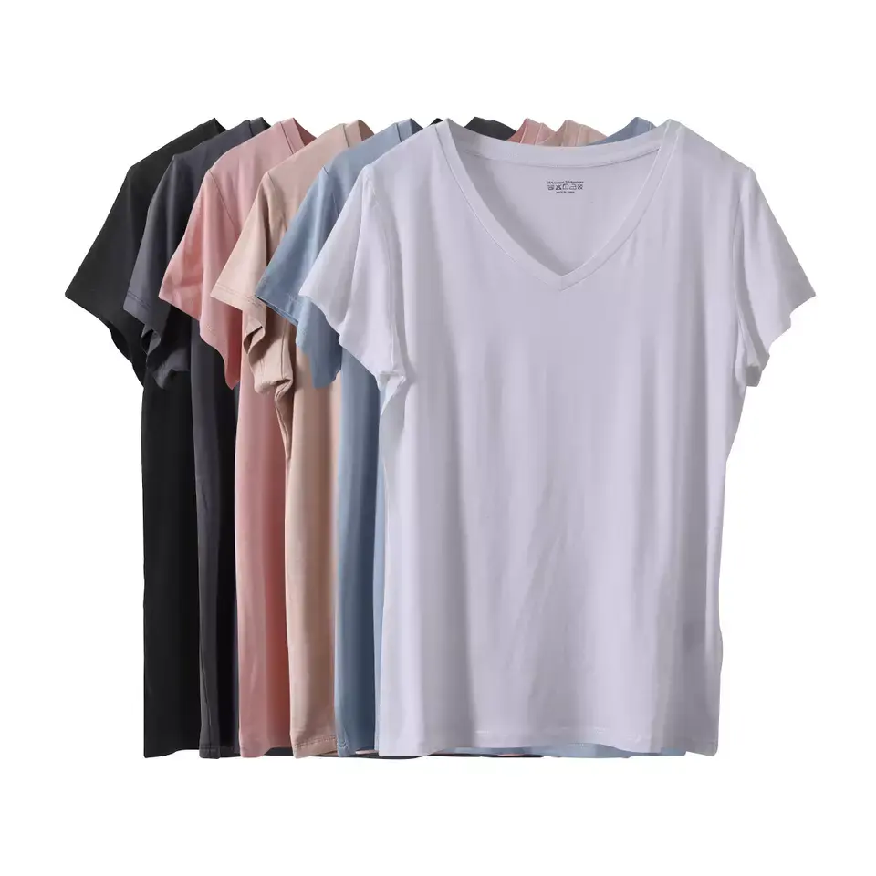 T-shirt col en v femme, surdimensionné, couleur unie, avec logo personnalisé, en vrac, pas cher