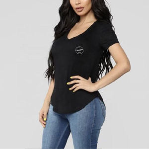 OEM grosir kaus ketat bawah melengkung leher V olahraga latihan Fitness latihan Gym baju Jogging katun bordir untuk wanita - Product Image 6