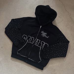 Oem Custom Screen Print Logo Rhinestone <b>Zip</b> <b>Up</b> Hoodie Rips Streetwear <b>Fleece</b> Zipper Hoodies For <b>Men</b> - Product Image 1