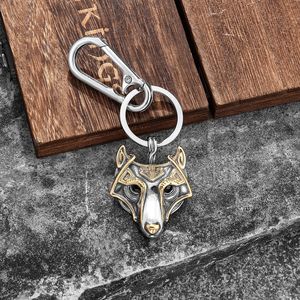 Fenrir Wolf Head <b>Keychain</b> Stainless Steel Celtic Pattern Metal Spring Buckle Leather Strap Double Pendant - Product Image 4