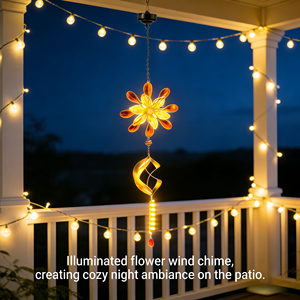กระดิ่งลมดอกไม้พลังงานแสงอาทิตย์ ไฟสวนตกแต่งภายนอกอัตโนมัติ พร้อมไฟ LED นุ่มนวลและเสียงดนตรีผ่อนคลายสำหรับลานบ้าน รั้ว - Product Image 2
