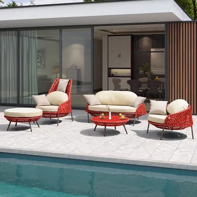 O Rattan do PE do quadro de alumínio do estilo francês moderno/jardim de vime ajusta sofás exteriores do jardim da tela para a piscina do hotel da praia