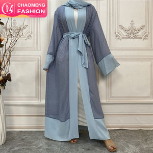 1937 # Polka Dot Open Abaya <span class=keywords><strong>con</strong></span> bufanda Vestido interior blanco Poliéster suave <span class=keywords><strong>Verano</strong></span> Moda modesta Manga larga Dubai Abaya - Product Image 1