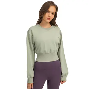 DS123 autumn winter cotton spandex Women's Long Sleeve Crop Top Workout Casual Cute yoga Pullover Cropped Sweatshirt