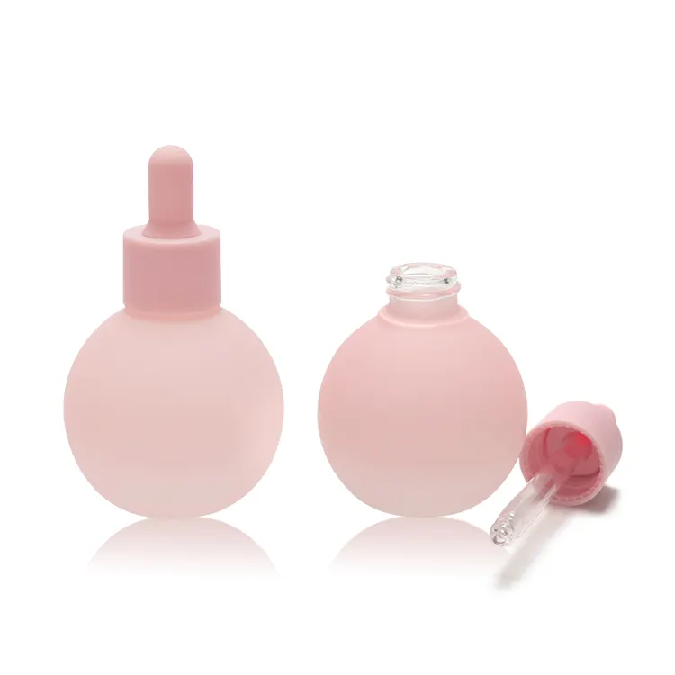 30ml 1 oz heavy wall thick bottom frosted pink clear color round ball shape serum glass dropper bottle for essential oil