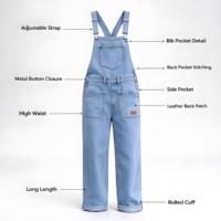Salopette en jean pour femme, coupe droite et ample, bleu brume, avec boutons latéraux, style urbain